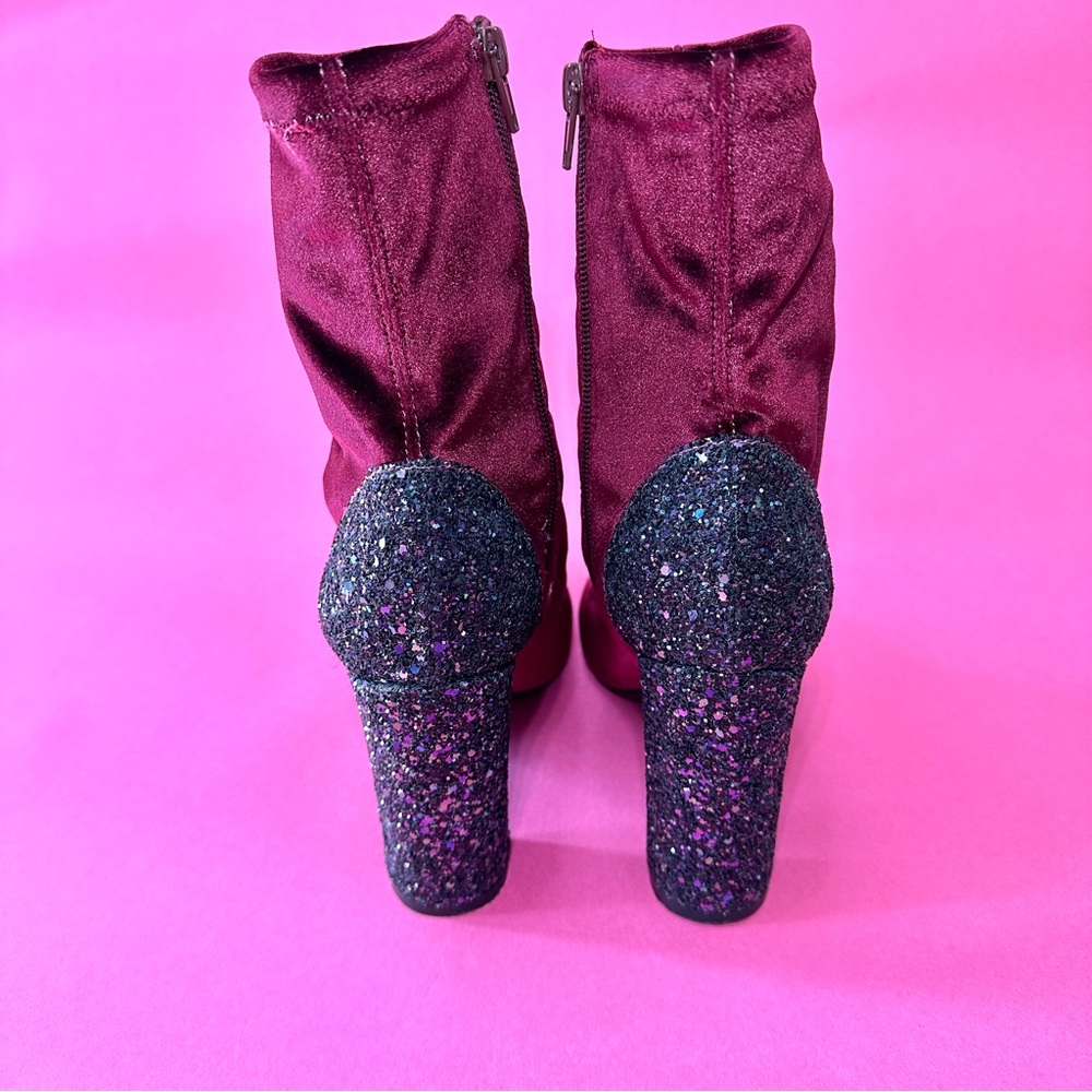 Velvet Block Heel Ankle Boots in Deep Burgundy - Picture 6 of 7